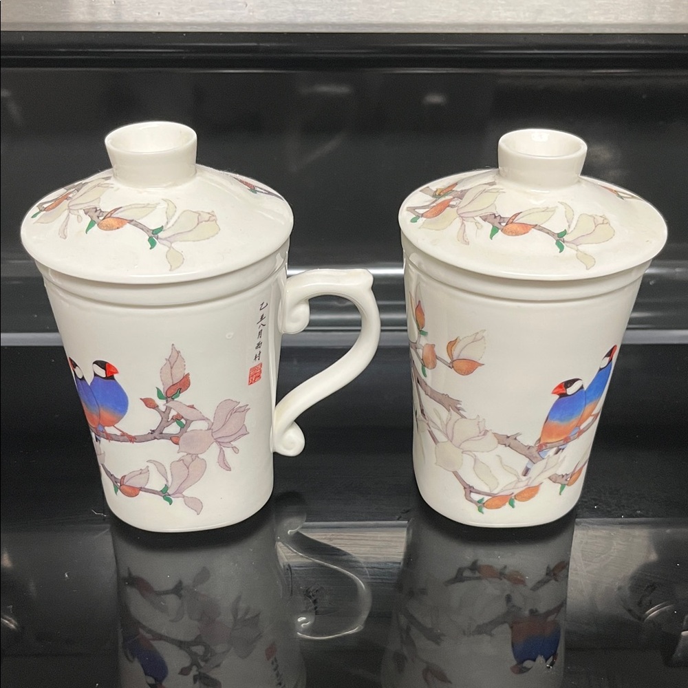 TEAVANA exclusive collection Floral and Bird Design Ceramic Mugs with strainers